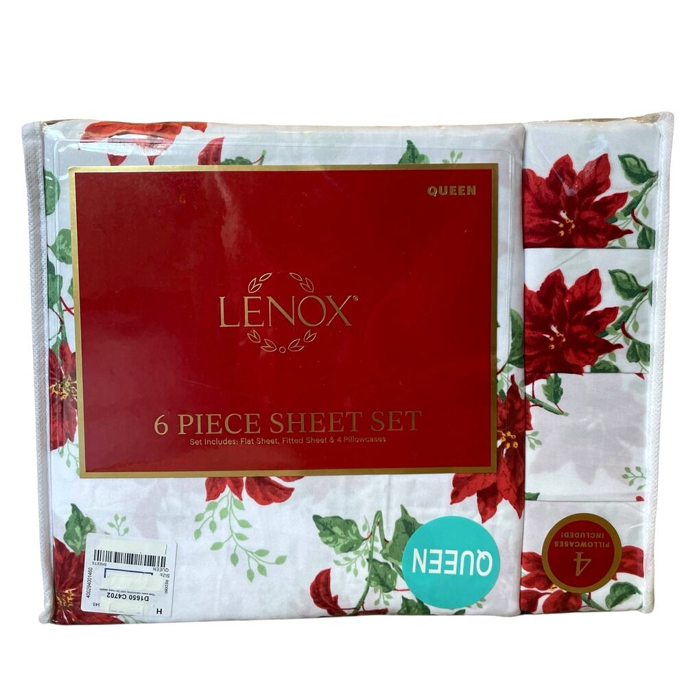 LENOX Poinsettia Christmas 6-Piece QUEEN Sheet Set Holiday Bedding  New
